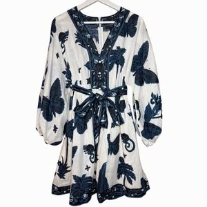 BANANA REPUBLIC Linen Balloon Sleeve Mini Dress Blue Butterfly Palm Print Size 4